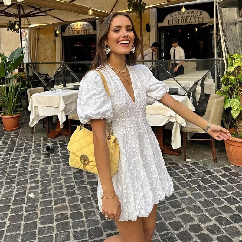 Floral Emboss Puff Sleeve Deep V-Neck Fit and Flare Mini Dress