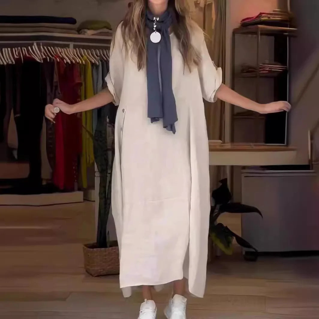 V-Neck Roll Tab Sleeve Pocket Oversized Maxi Dress