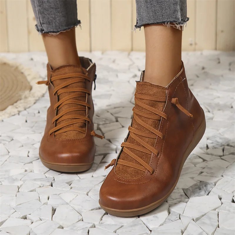 Lace Up Side Zip Flat Ankle Boots