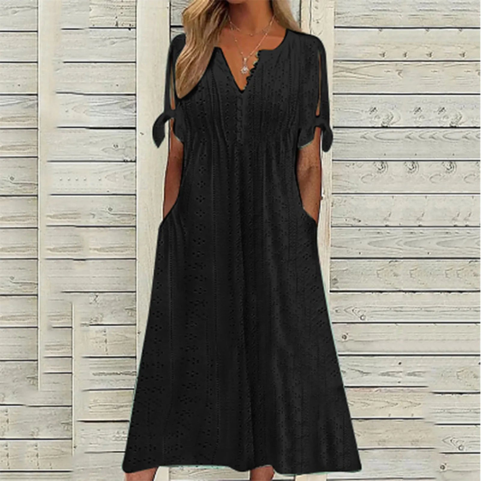 Eyelet Hollow Out V-Neck Button Front Tie Cuff Pocket A-Line Midi Dress