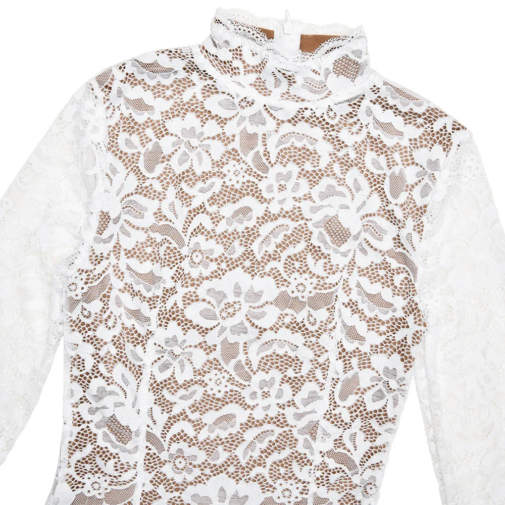 Floral Lace Mock Neck Long Sleeve Scalloped Cuff Bodycon Gown