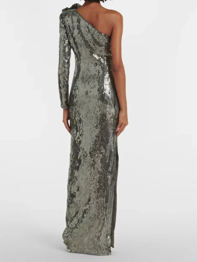 Sequin One Shoulder Long Sleeve Rosette Bodycon Maxi Dress