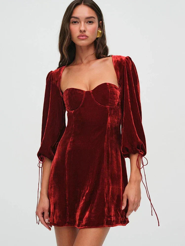 Velvet Puff Sleeve Open Back Tie Cuff Mini Dress 2
