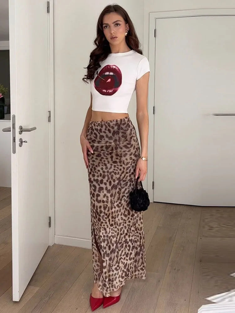 Leopard Print Maxi Skirt Women's Summer Slim Fashion Patchwork High Waist Streetwear Party Maxi Dress Chic Maxi Skirt