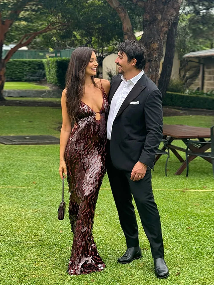 Sequin Deep V-Neck Spaghetti Strap Cut Out Slip Maxi Dress
