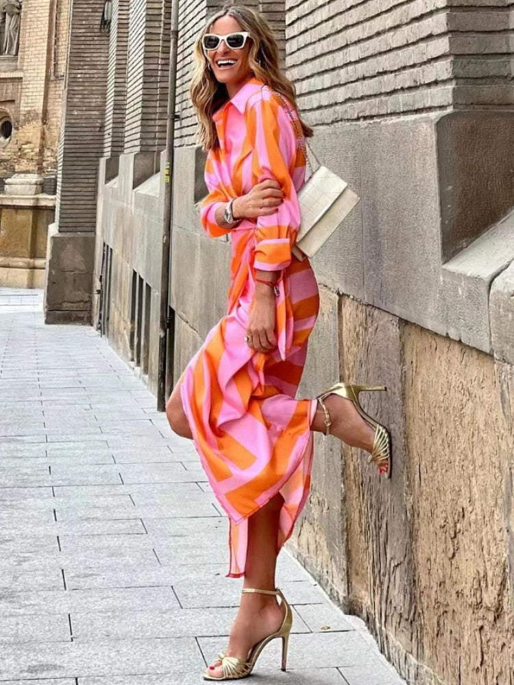 Striped Collared Long Sleeve Wrap Maxi Dress 2