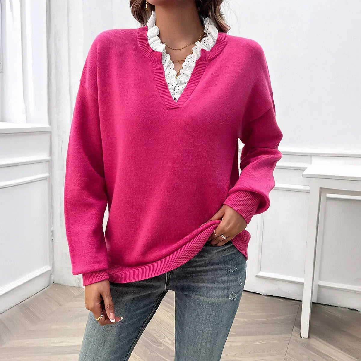 Lace Trim V-Neck Long Sleeve Knit Sweater