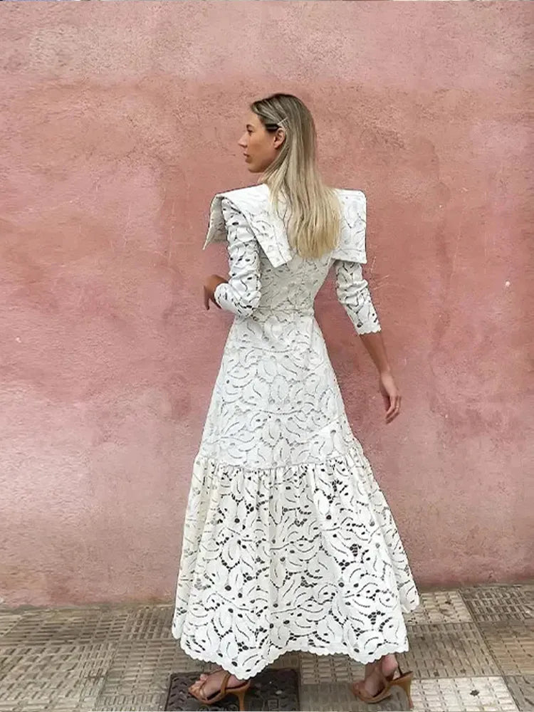 Long Sleeve Mock Neck Lace Capelet Shoulder Tiered Ruffle Maxi Gown