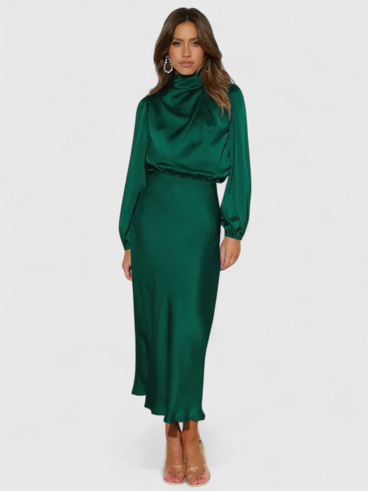 Satin High Neck Long Sleeve Blouson Midi Dress