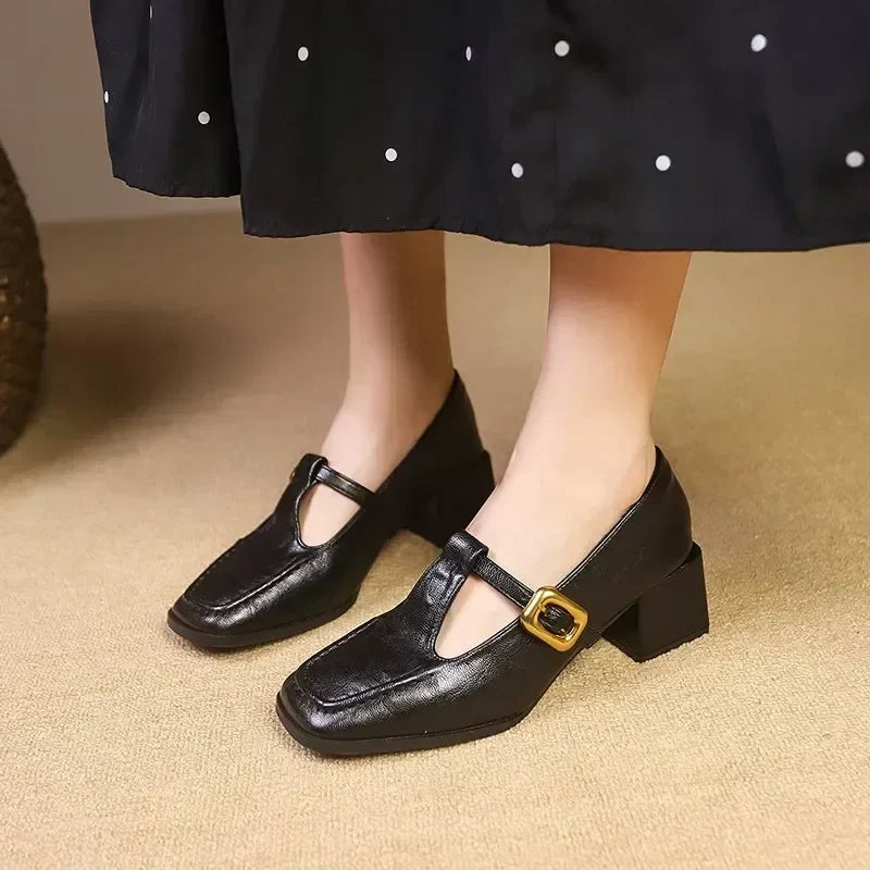 Square Toe T-Strap Buckle Block Heel Mary Jane Pumps