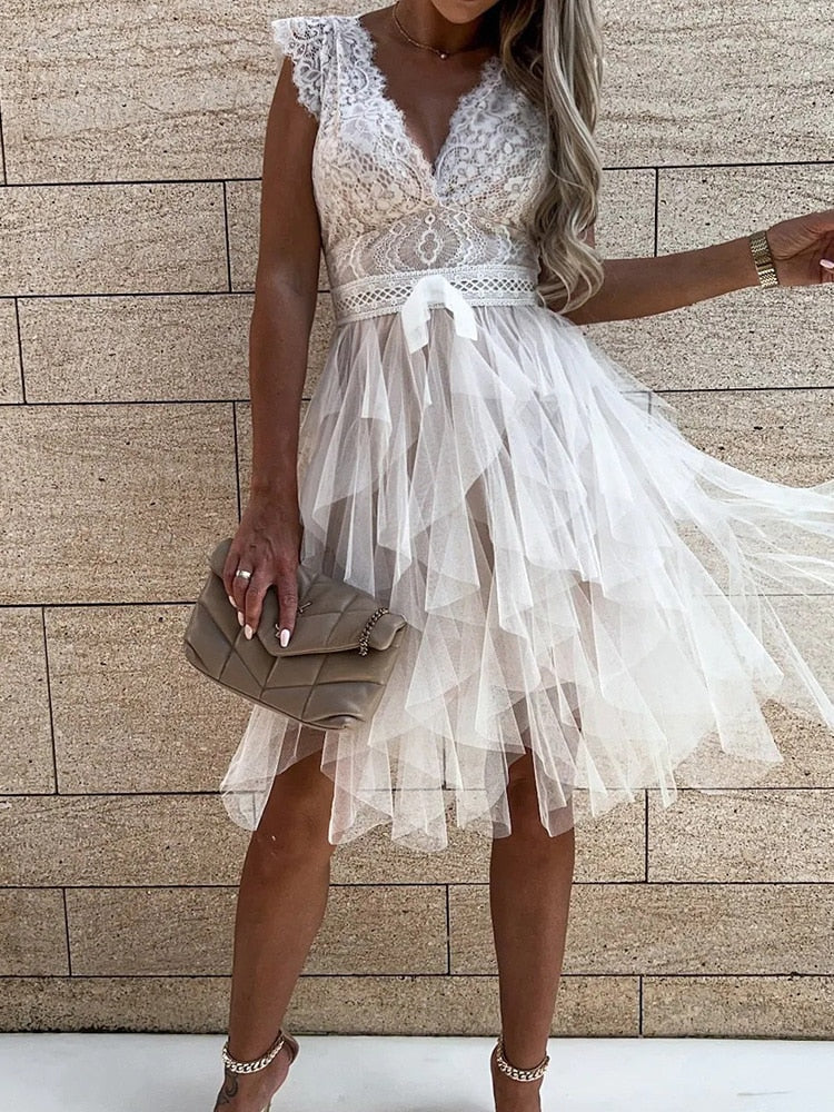Lace Deep V-Neck Cap Sleeve Bow Waist Tiered Tulle Mini Dress