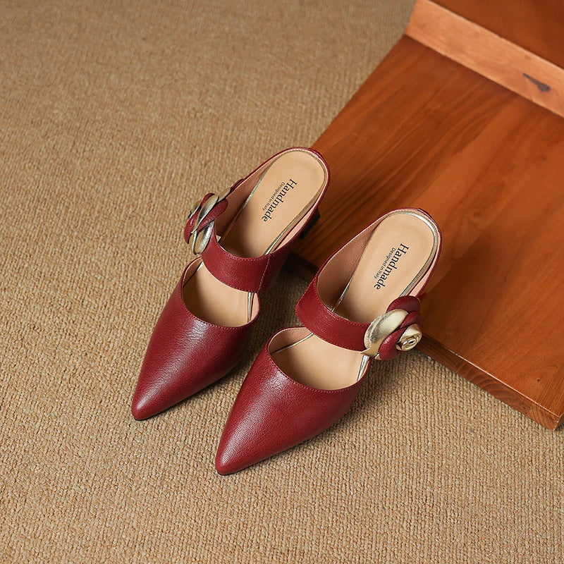 Pointed Toe Floral Buckle Spool Heel Mules