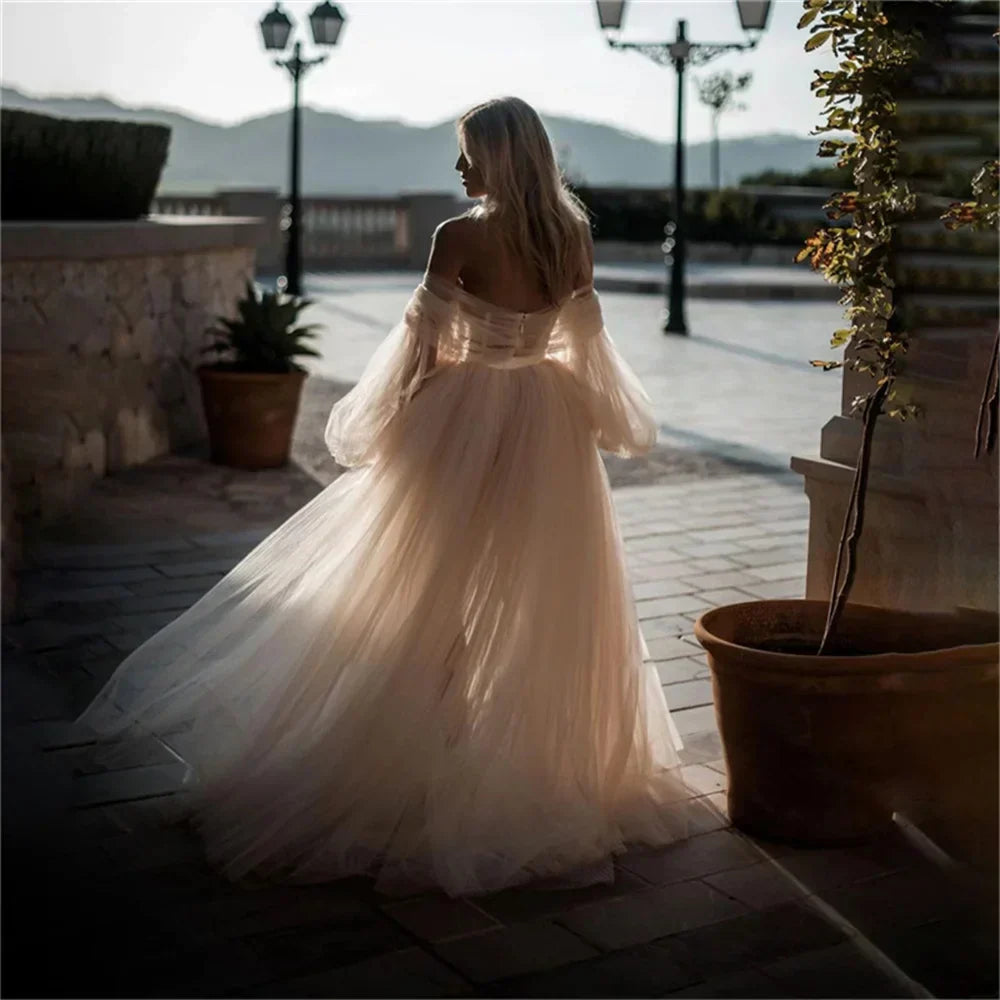 Off Shoulder Puff Sleeve Floral Applique Tulle Prom Gown