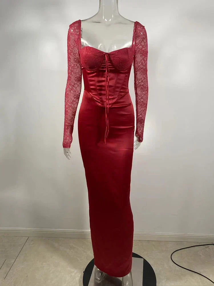 Sweetheart Neck Lace Long Sleeve Corset Bodice Satin Maxi Dress 13