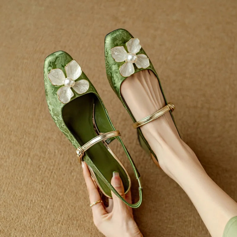 Floral Applique Buckle Strap Block Heel Mary Jane Shoes