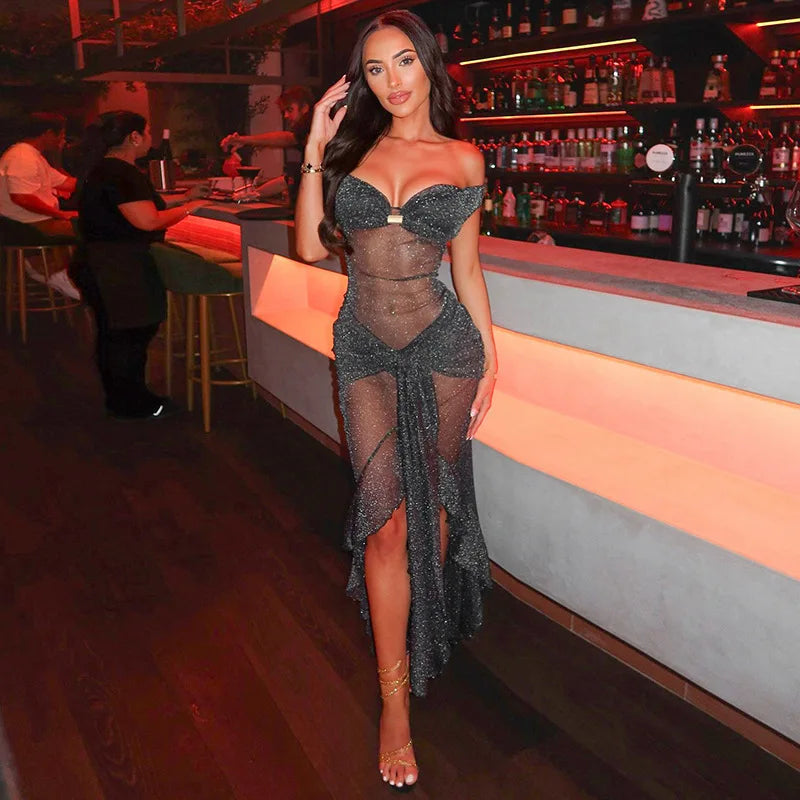 Mesh Ruffled Gray Off - shoulder Long Dress - View 2