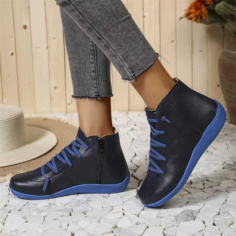 Lace Up Side Zip Flat Ankle Boots
