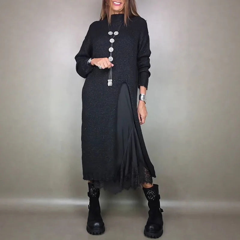 Knit High Neck Long Sleeve High Split Maxi Two Piece Set