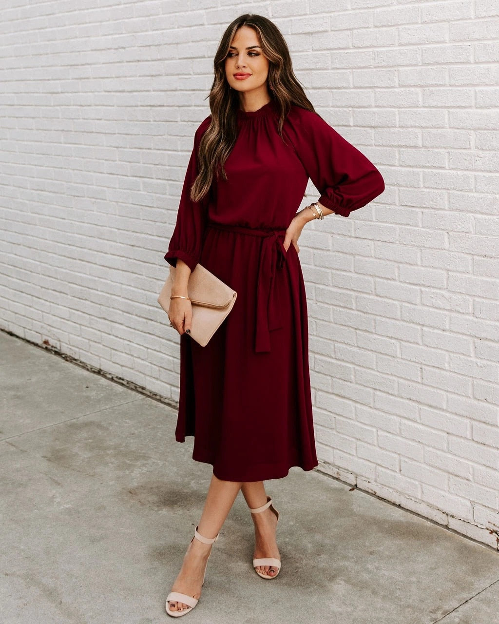 Mock Neck Long Sleeve Belted A-Line Midi Dress