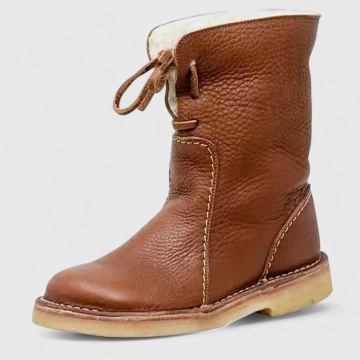 Fleece Cuff Lace Up Leather Ankle Boots