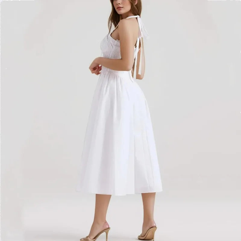 Halter Neck Corset Fit and Flare A-Line Midi Dress