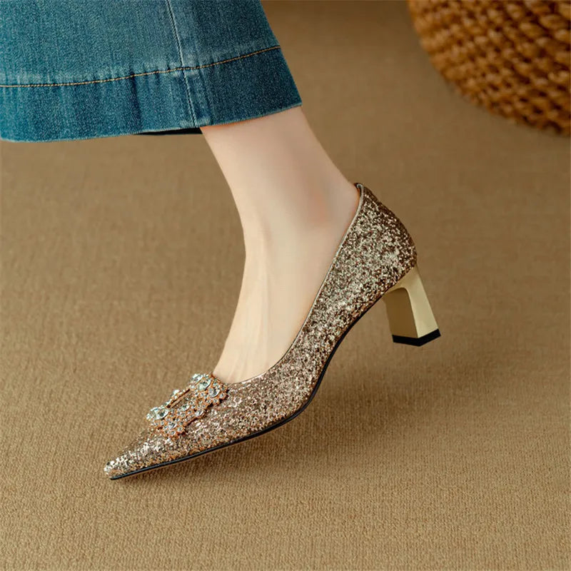 Pointed Toe Glitter Rhinestone Buckle Block Heel Pumps