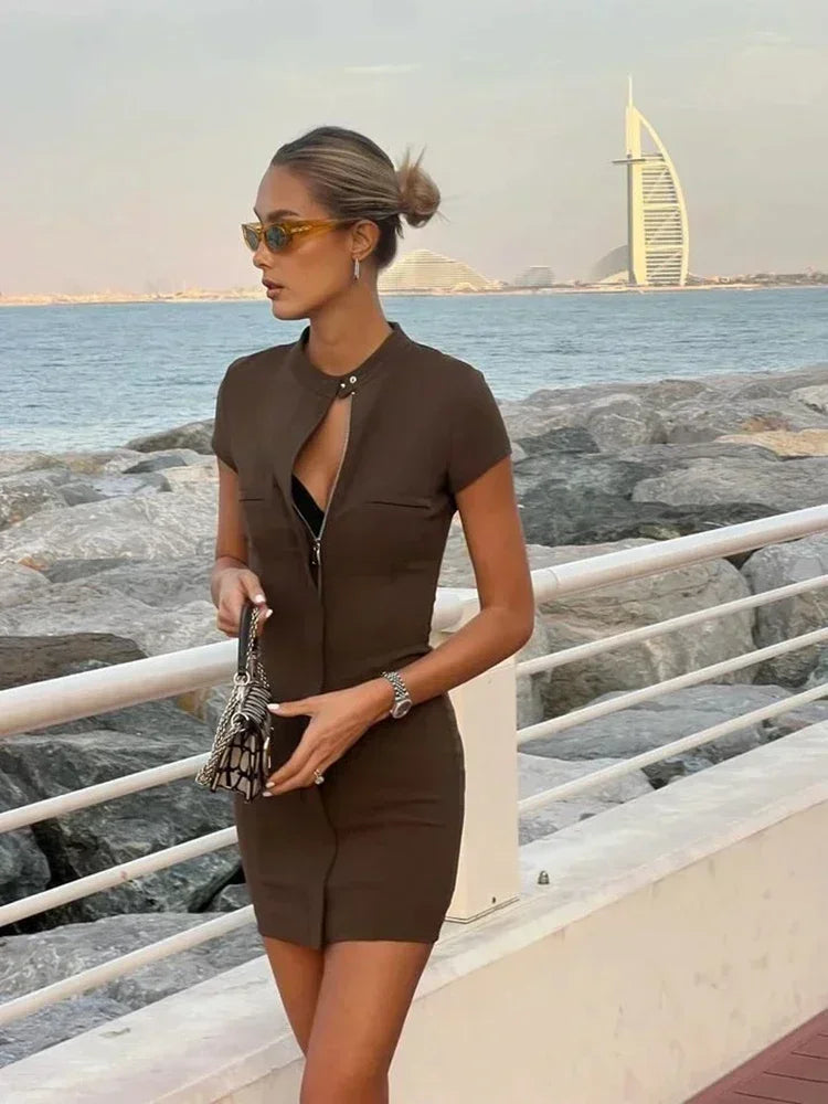 Zip Solid Color Patch Pocket Hollow Work Dress