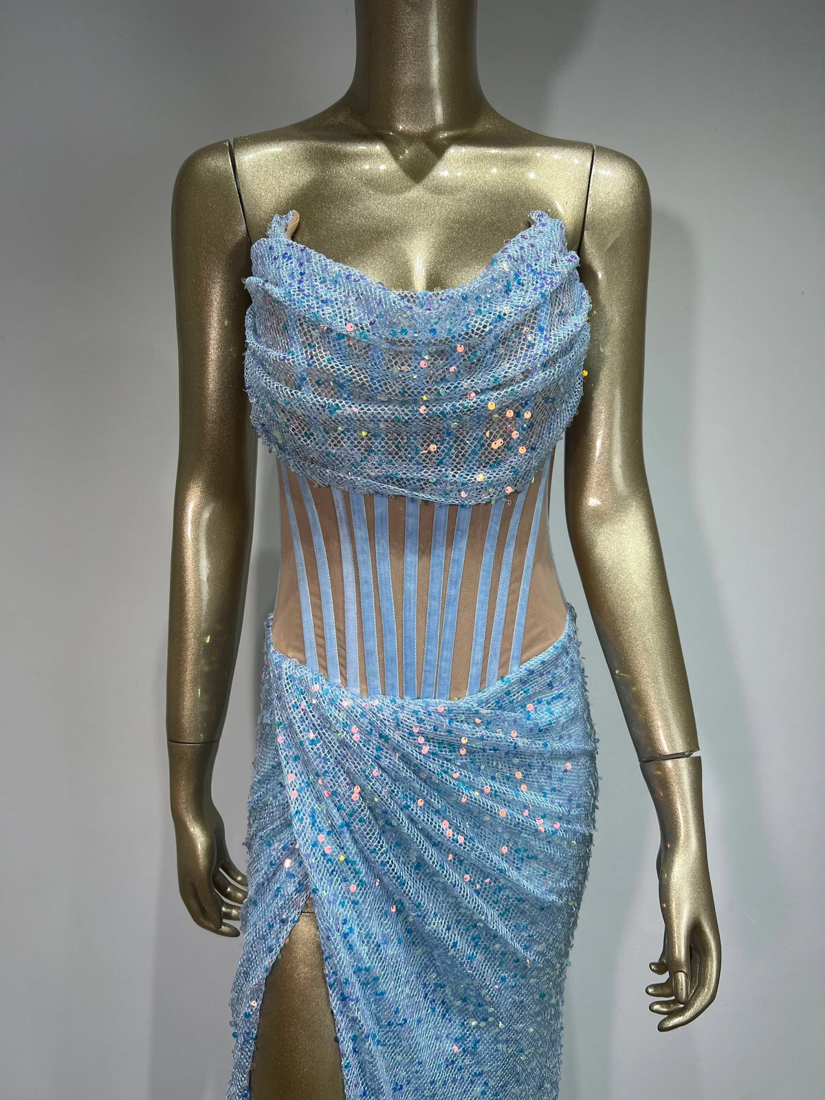 Strapless Mesh Sequins Ruffles Maxi Dress - View 5
