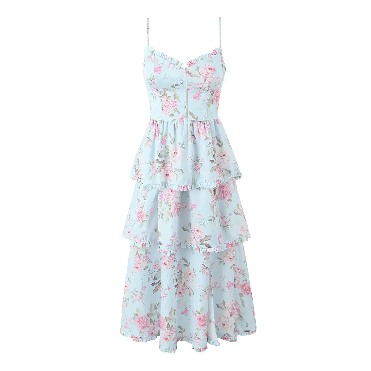 Floral Corset Sweetheart Tiered Ruffle High Low Midi Dress