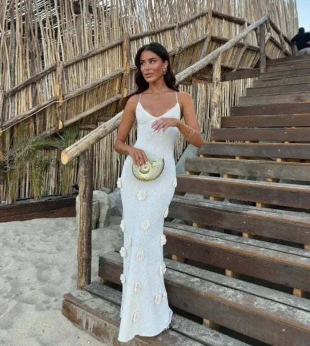 Knit V-Neck Spaghetti Strap Floral Applique Mermaid Maxi Dress