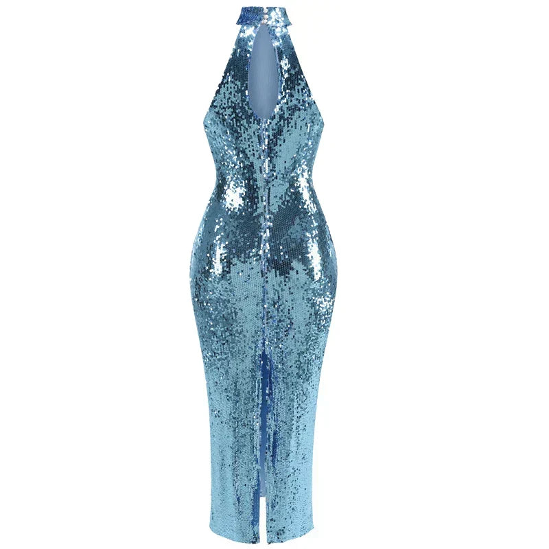 Sequin Halter Neck Bodycon High Split Maxi Dress - View 4