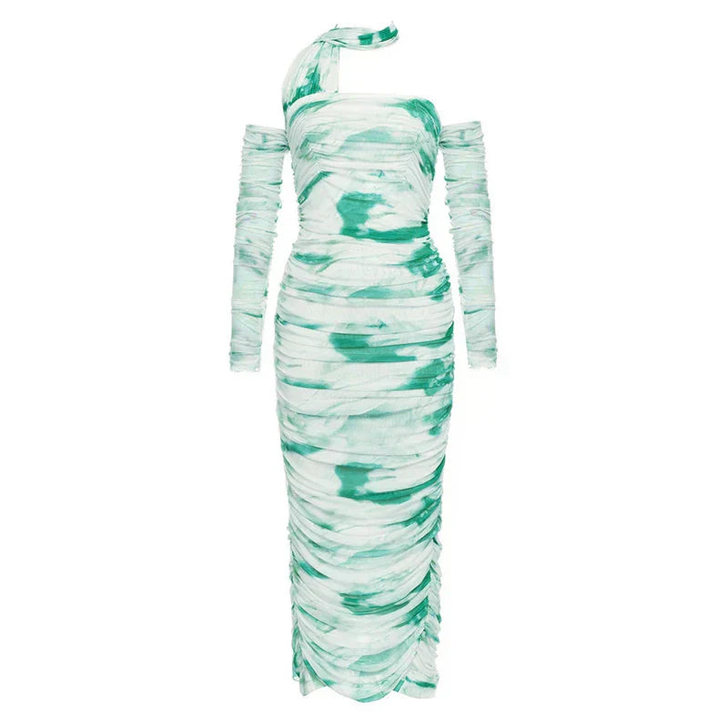 Tie Dye One Shoulder Long Sleeve Ruched High Split Maxi Dress