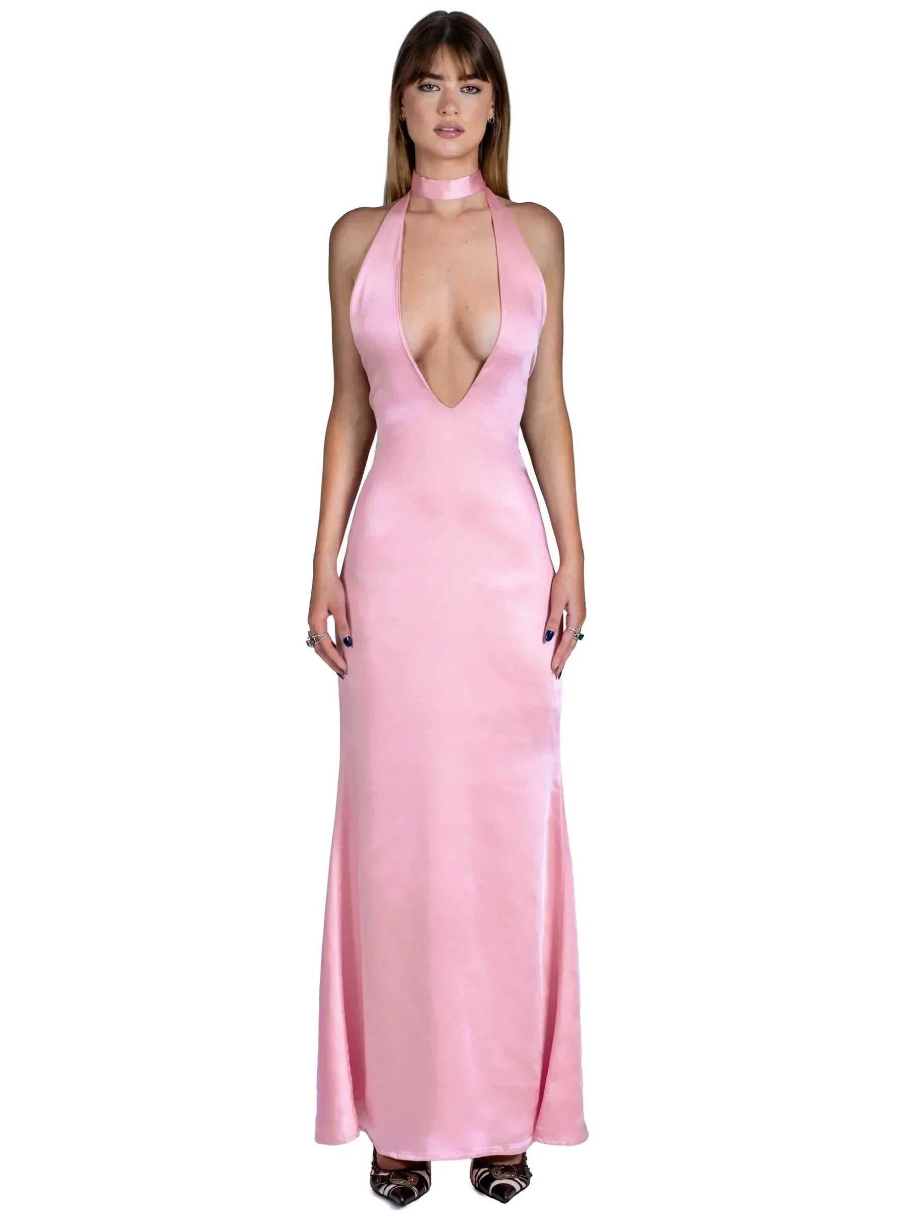 Satin Halter Neck Choker Deep V-Neck Bodycon Maxi Gown