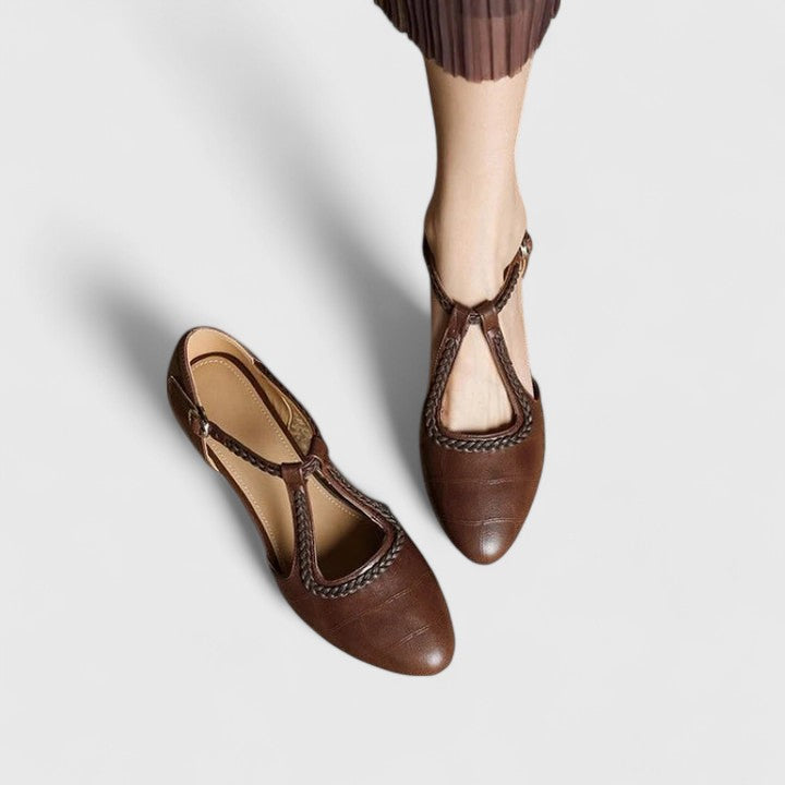 Pointed Toe T-Strap Braided Low Heel Pumps
