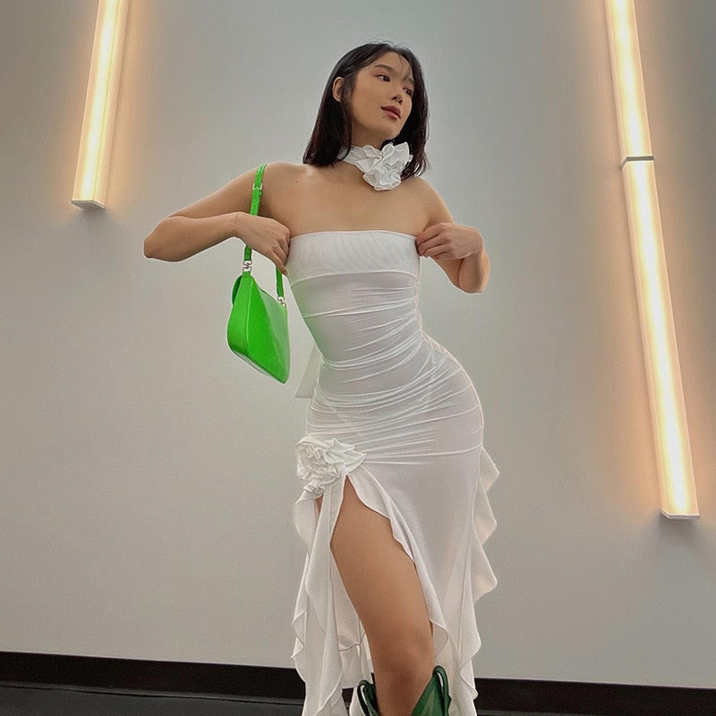 Halter Neck Backless Ruffle Sheer Mesh Midi Dress