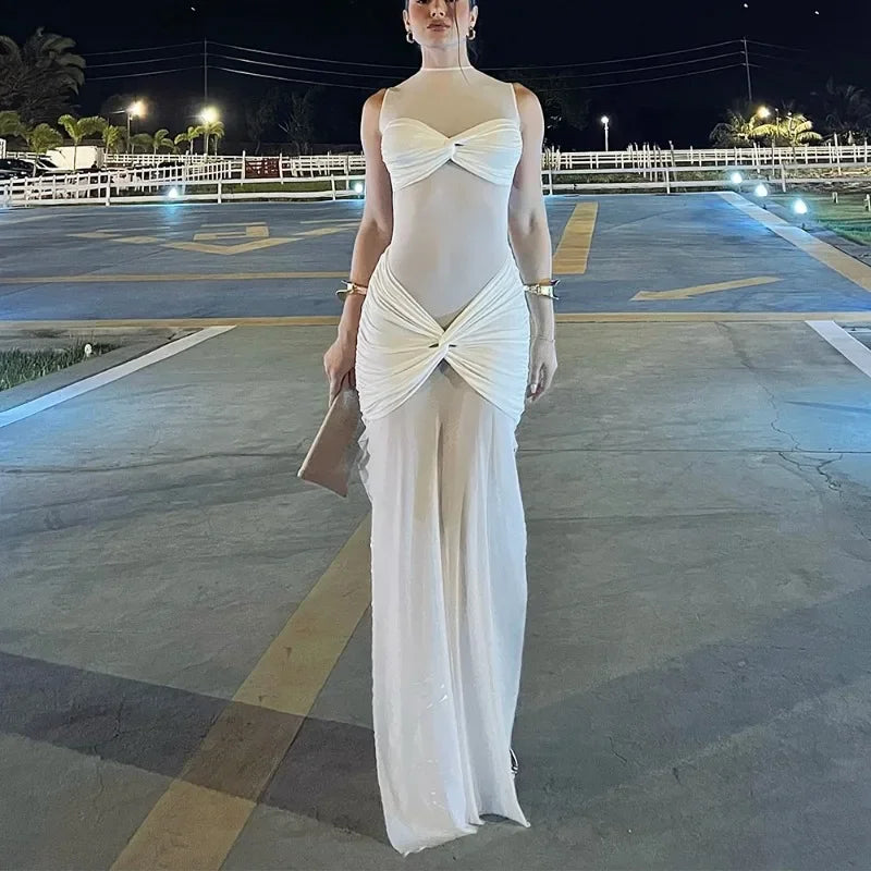 White See - Through Pleated Mesh Long Dress