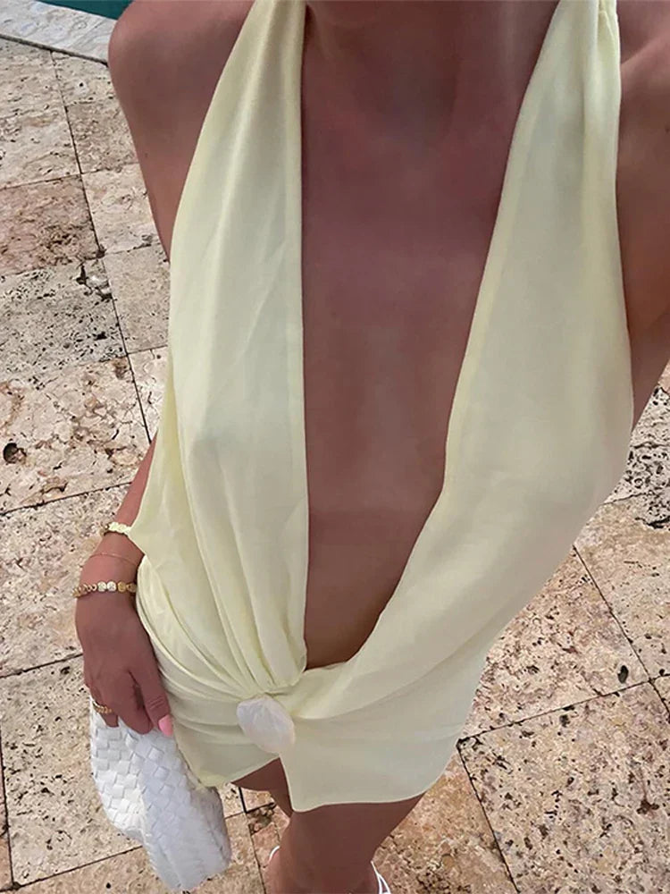 Halter Neck Deep V-Neck Backless Knot Front Mini Dress