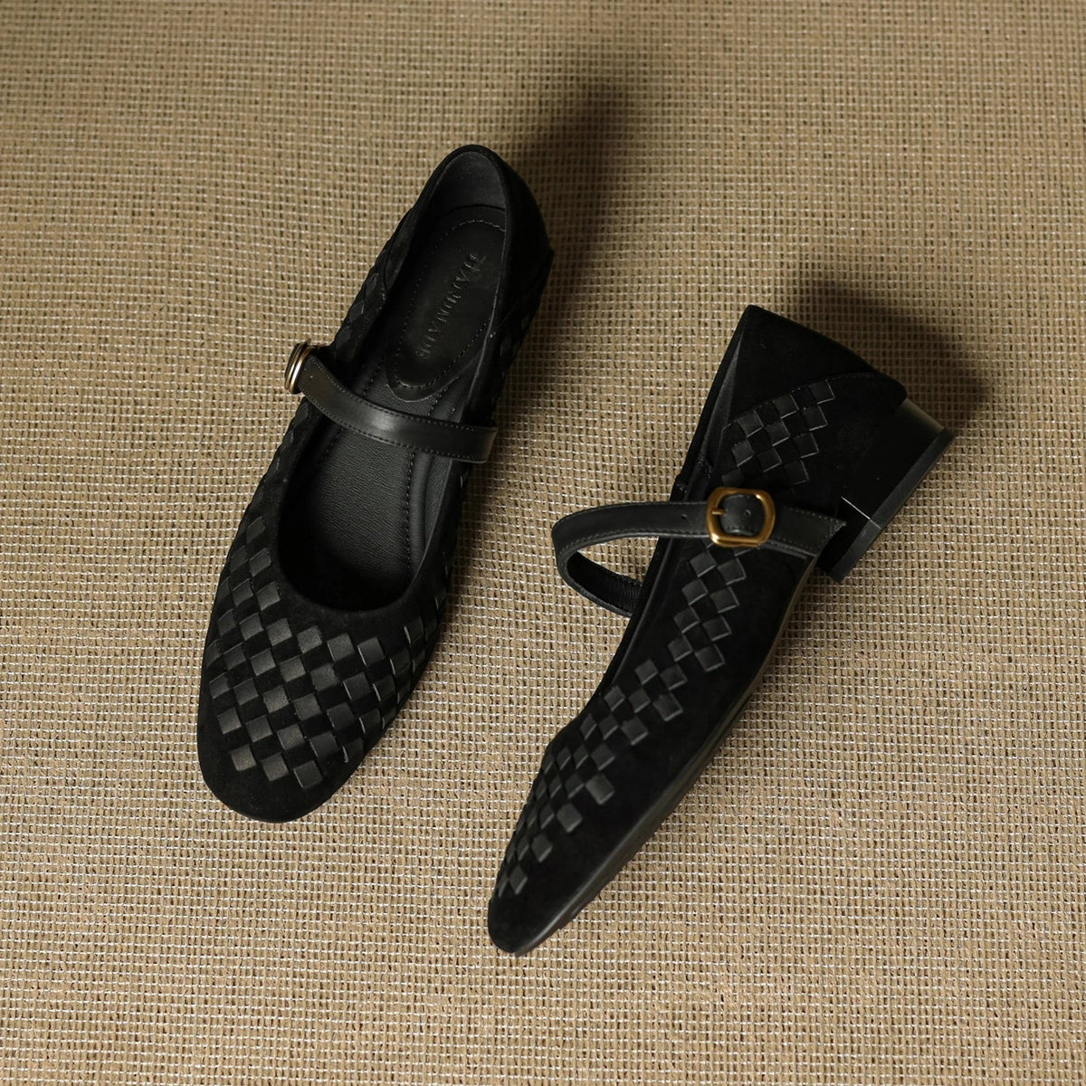 Woven Suede-Look Square Toe Buckle Strap Mary Jane Flats