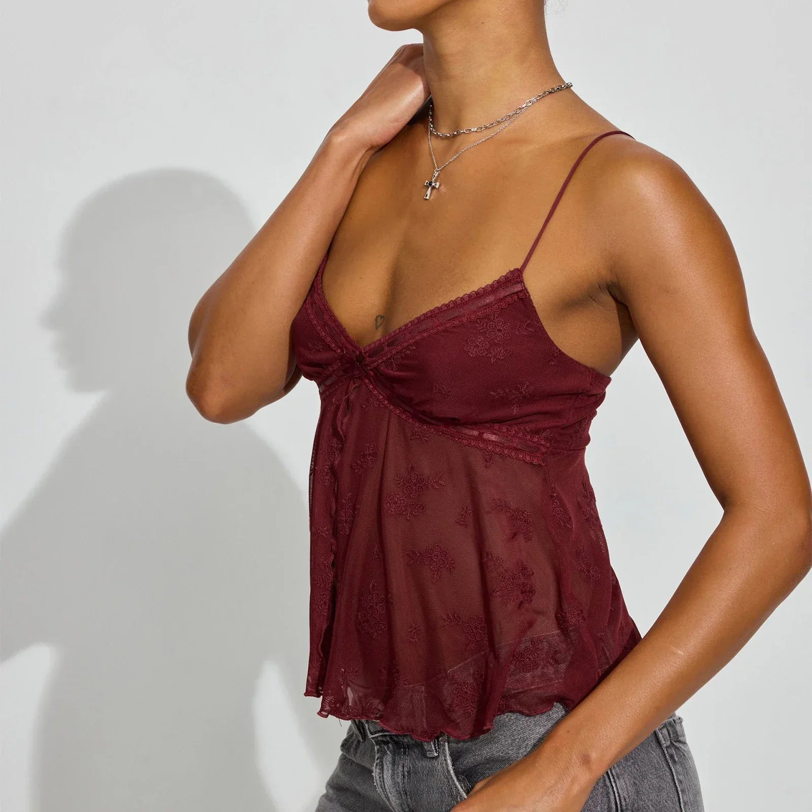 Combhasaki Fairycore Lace Mesh Trim Cami Top
