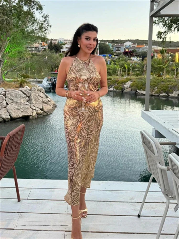 Animal Print Halter Neck Sleeveless Satin Slip Midi Dress