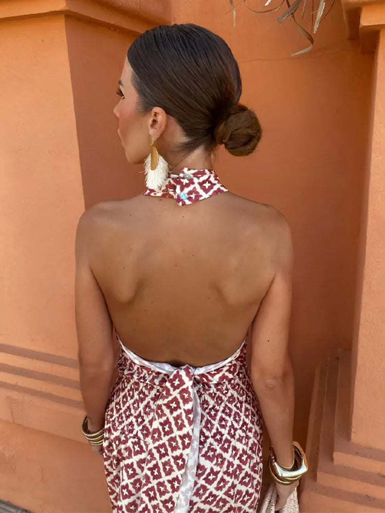 Geometric Print Halter Neck Cross Front Cut Out Tiered Maxi Dress