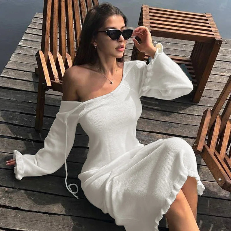 Rib Knit Deep V-Neck Bell Sleeve Bodycon Midi Dress
