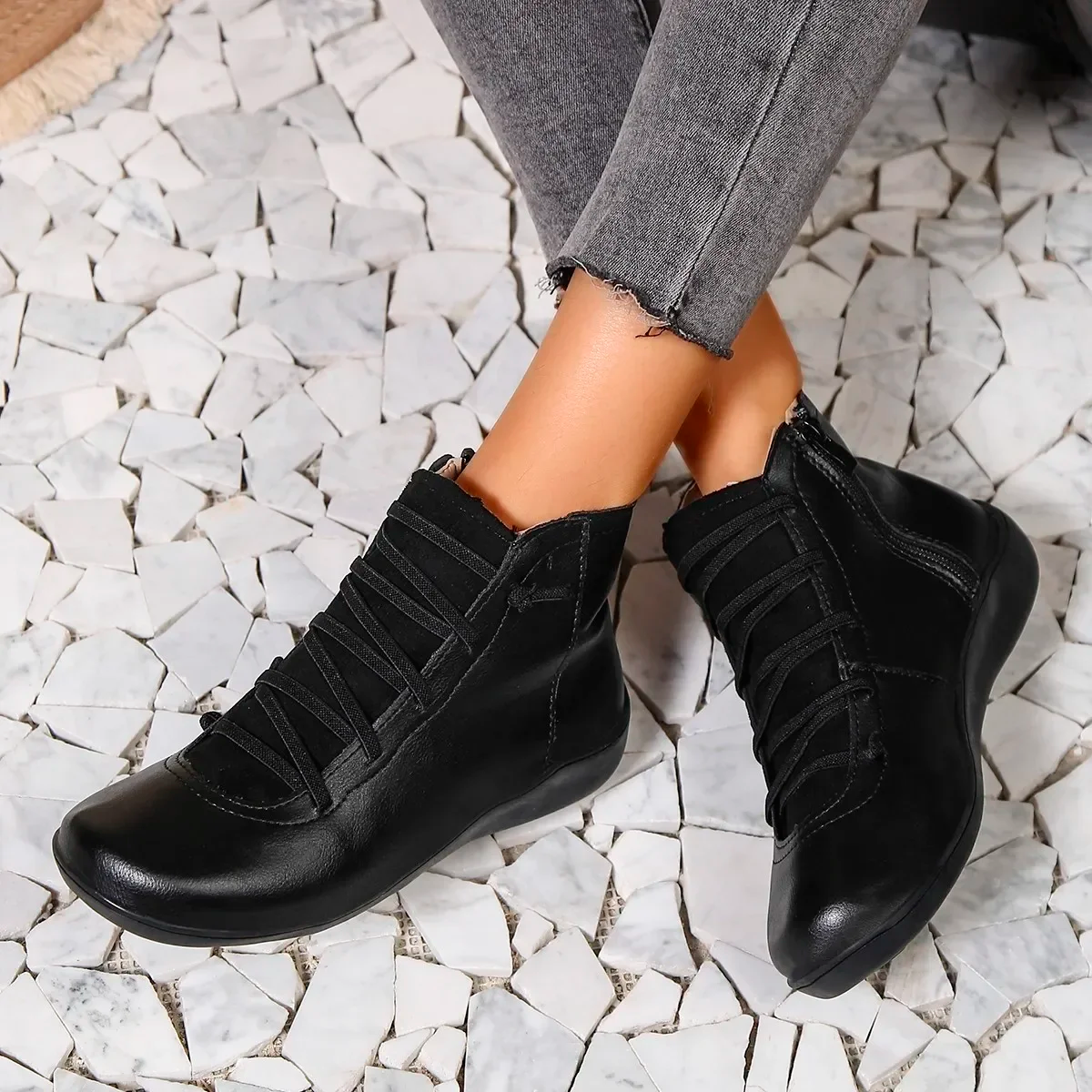 Lace Up Side Zip Flat Ankle Boots