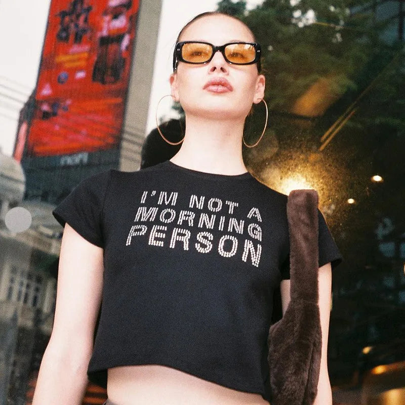 Rhinestone Letter Print Grunge Crop Top