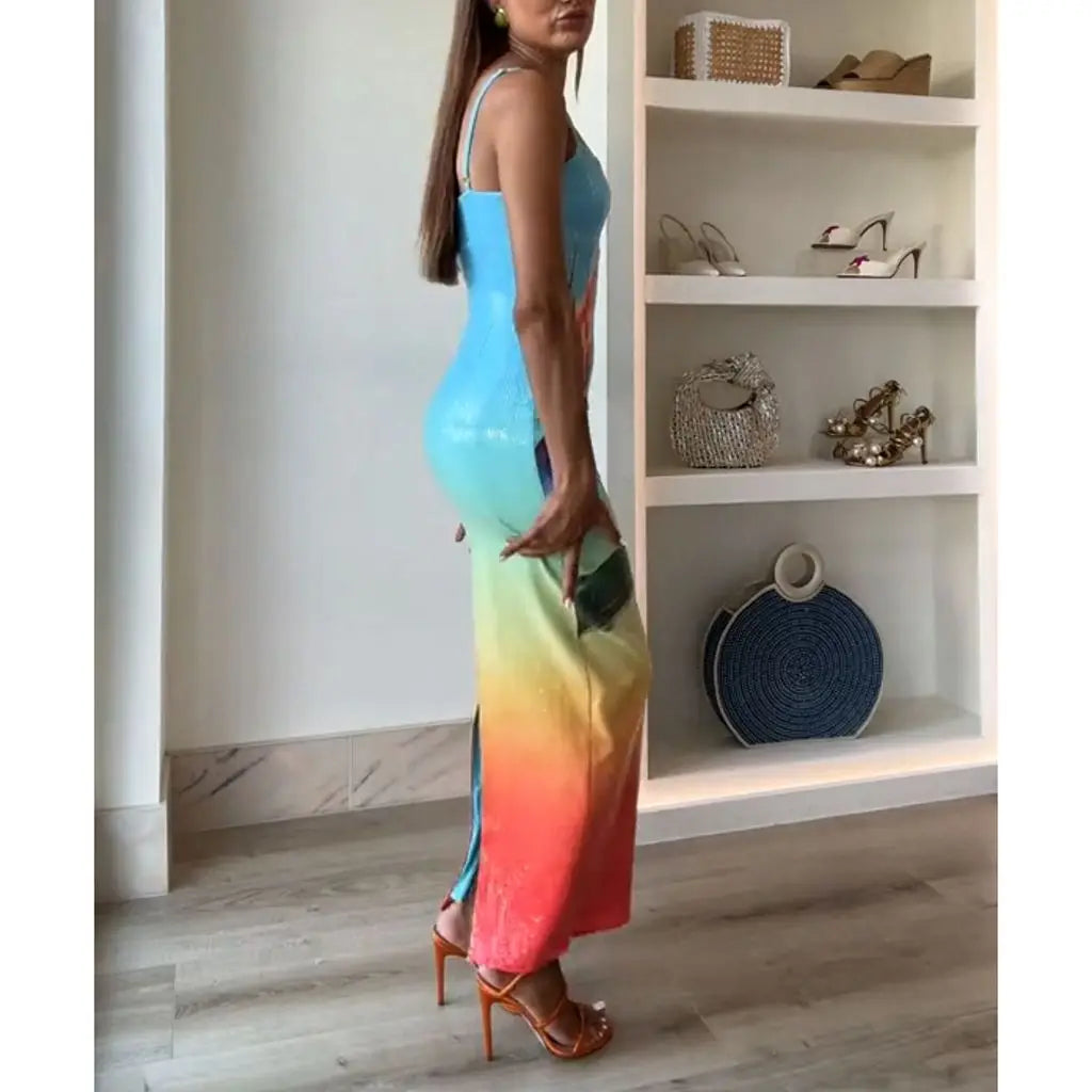 Tropical Floral Print Spaghetti Strap Bodycon Maxi Dress