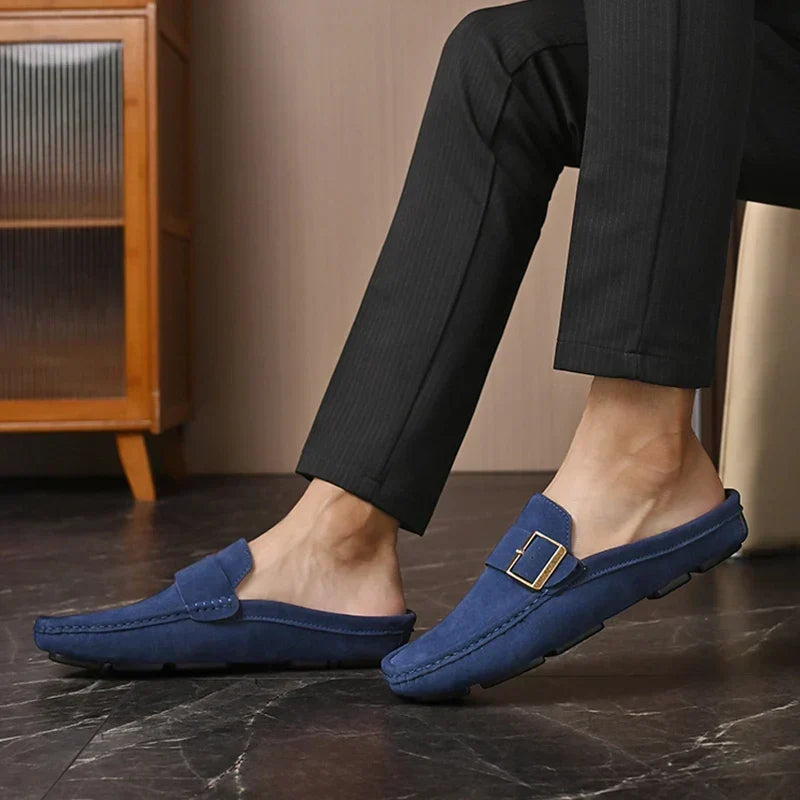 Suede-Look Buckle Backless Loafer Mules