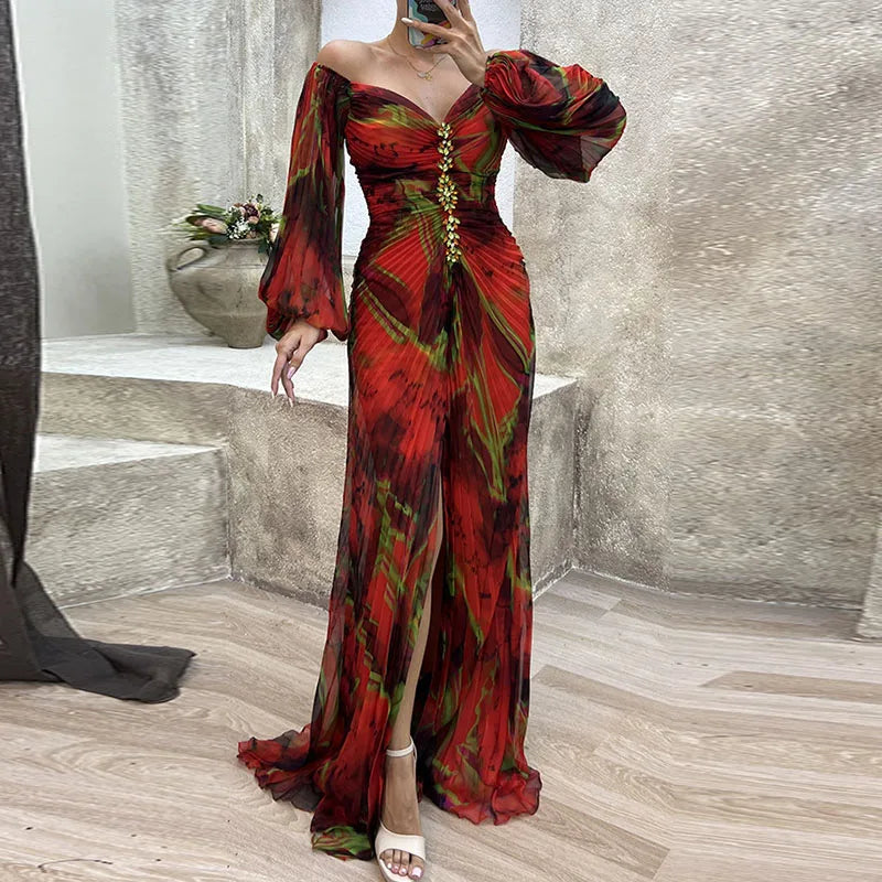 Pleated Off Shoulder Puff Sleeve Rhinestone Ruched High Split Maxi Gown