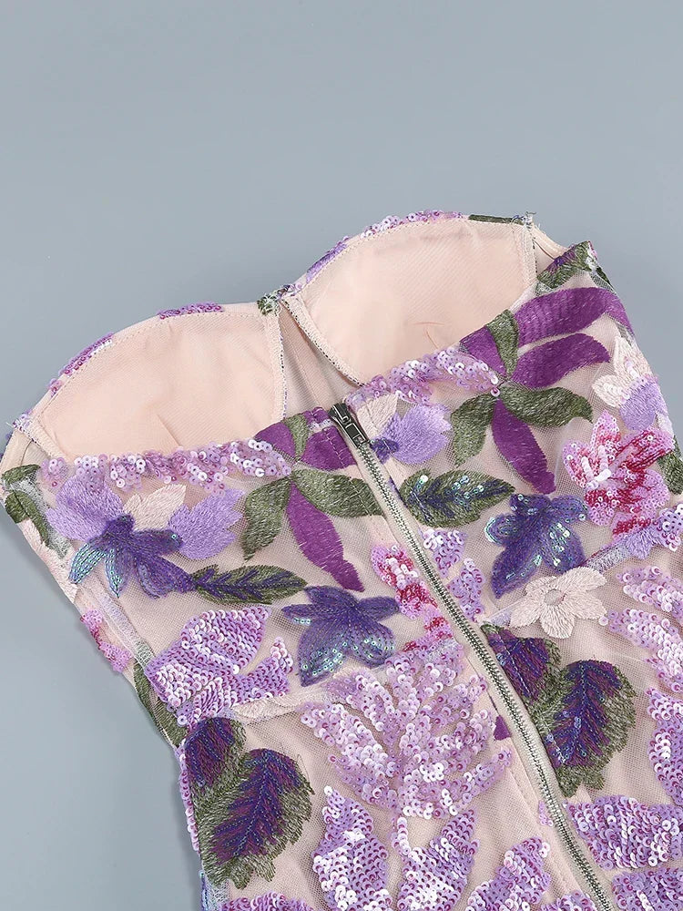 Floral Sequin Strapless Bustier Column Maxi Dress