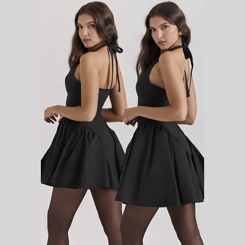 Halter-Neck Deep V-Neck Mini Dress
