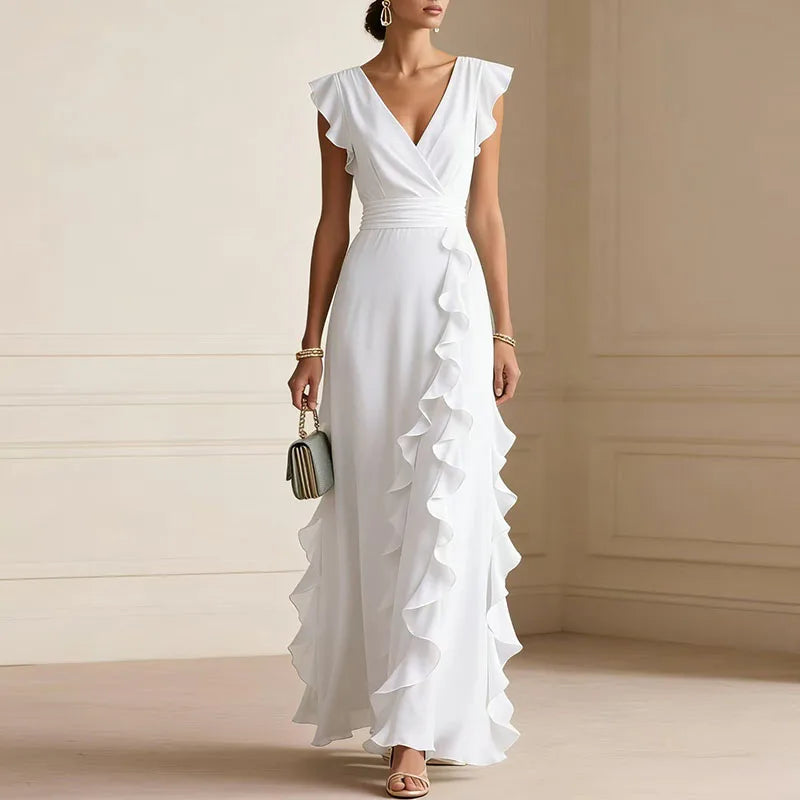 Chiffon Deep V-Neck Ruffle Cascade A-Line Maxi Gown 6